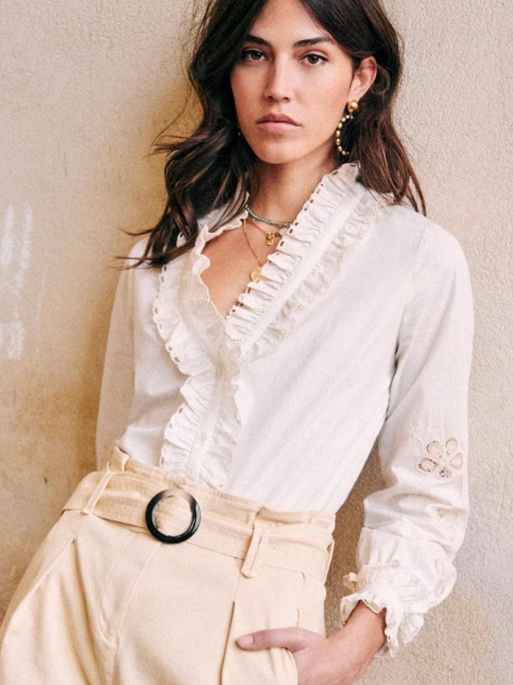 Sezane *weekend sale* Kelly Cream Ruffled V-Neck Cotton Blouse new with tags